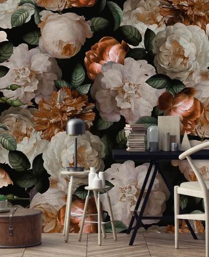 off-white and brassy-pink florals wallpaper