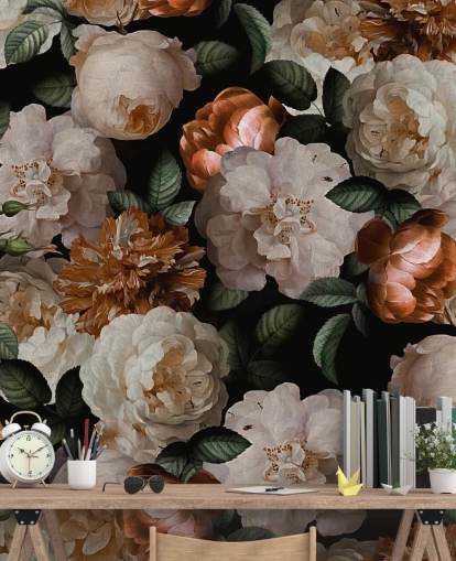 papel pintado flores blanquecino y rosa latón