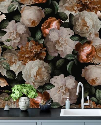 off-white and brassy-pink florals wallpaper
