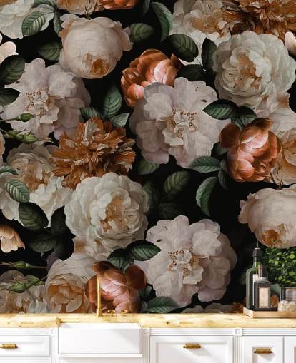 off-white and brassy-pink florals wallpaper