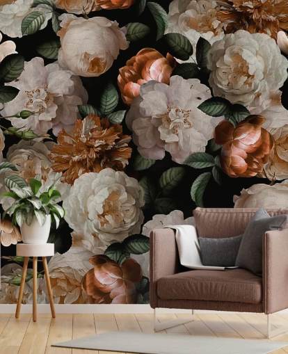 off-white and brassy-pink florals wallpaper