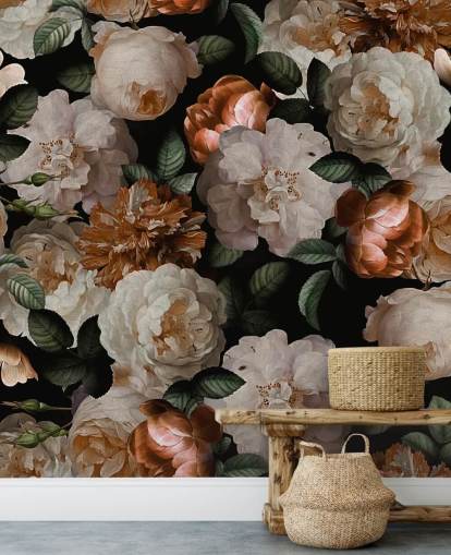 carta da parati floreale bianco sporco e rosa ottone