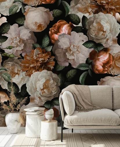 off-white and brassy-pink florals wallpaper