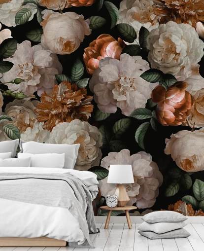 off-white and brassy-pink florals wallpaper