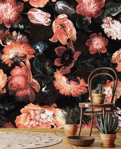 rode bloemen op zwarte achtergrond behang