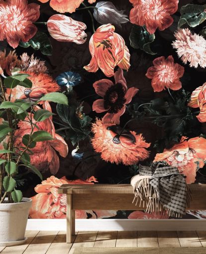 fleurs rouges sur fond noir papier peint