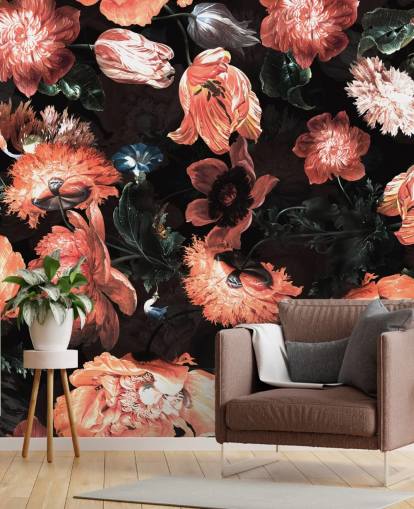 fleurs rouges sur fond noir papier peint