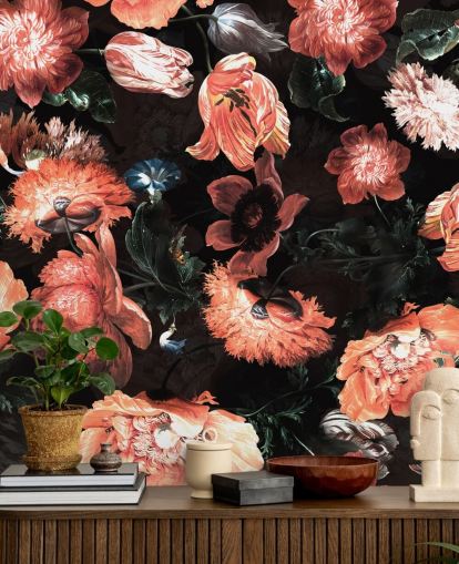 papel tapiz de flores rojas sobre fondo negro