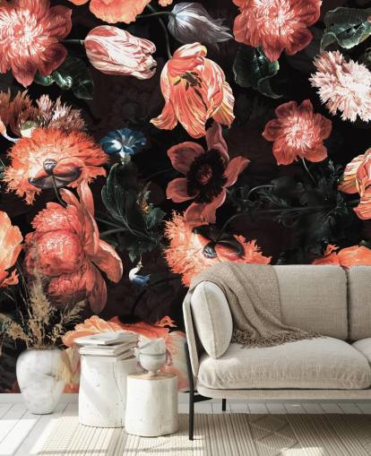 fleurs rouges sur fond noir papier peint