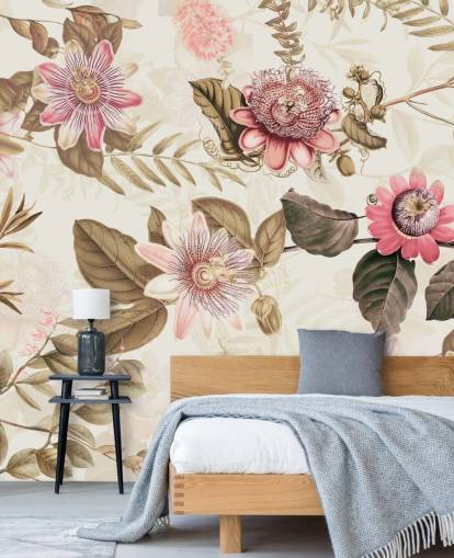 rosa Blüten und grüne Blätter Chinoiserie-Tapete rosa Blüten und grüne Blätter Chinoiserie-Tapete