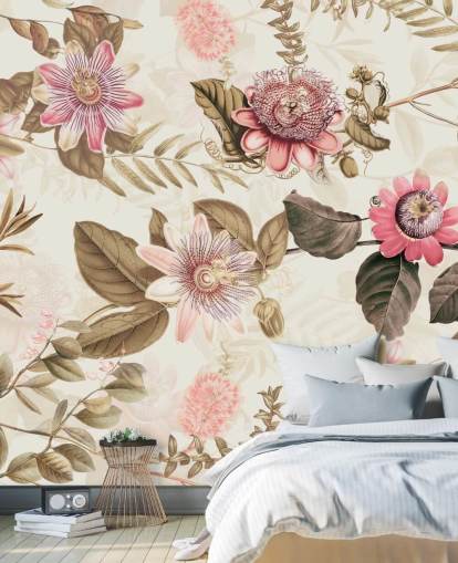 papier peint chinoiserie fleurs roses et feuilles vertes