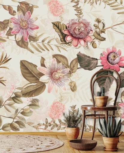 papel pintado chinoiserie de flores rosadas y hojas verdes