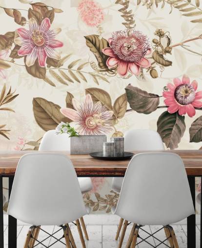 papier peint chinoiserie fleurs roses et feuilles vertes