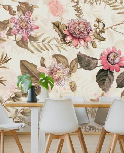 rosa blommor och gröna blad chinoiserie tapeter