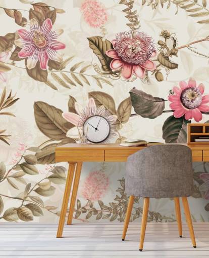 papel pintado chinoiserie de flores rosadas y hojas verdes