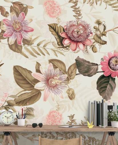 papel pintado chinoiserie de flores rosadas y hojas verdes