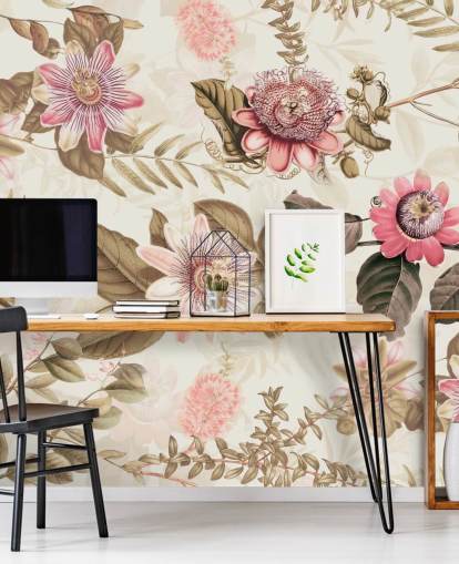 pink flowers and green leaves chinoiserie wallpaper