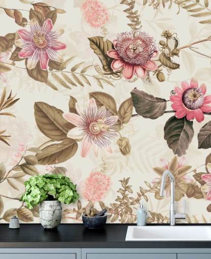 rosa blomster og grønne blader chinoiserie tapet