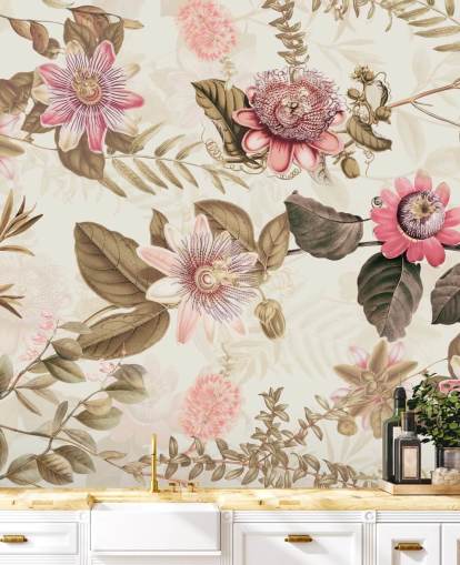 rosa Blüten und grüne Blätter Chinoiserie-Tapete rosa Blüten und grüne Blätter Chinoiserie-Tapete