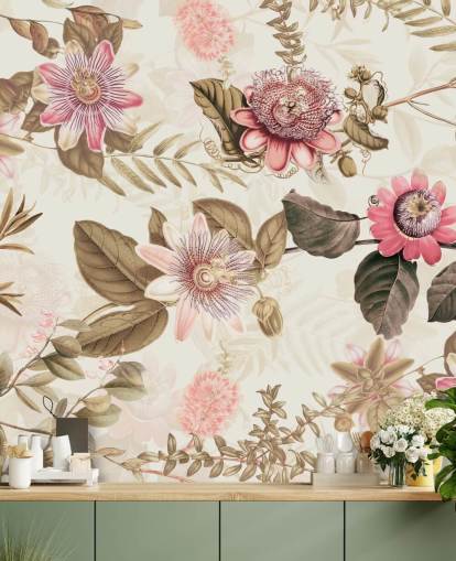 papier peint chinoiserie fleurs roses et feuilles vertes