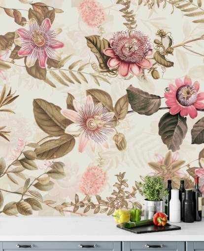 papier peint chinoiserie fleurs roses et feuilles vertes