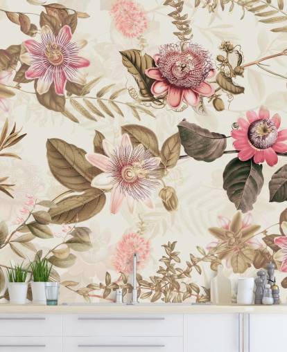 rosa blommor och gröna blad chinoiserie tapeter