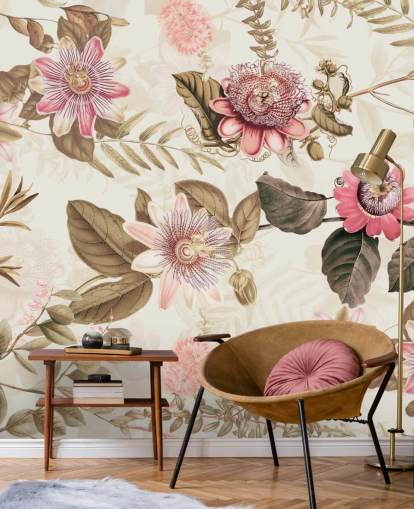 pink flowers and green leaves chinoiserie wallpaper