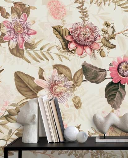 pink flowers and green leaves chinoiserie wallpaper