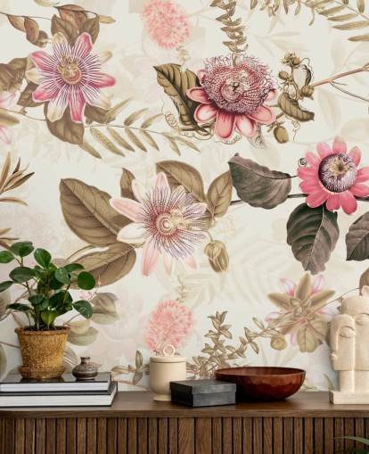 pink flowers and green leaves chinoiserie wallpaper