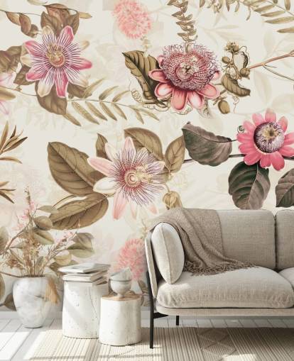 pink flowers and green leaves chinoiserie wallpaper