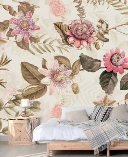 papel pintado chinoiserie de flores rosadas y hojas verdes