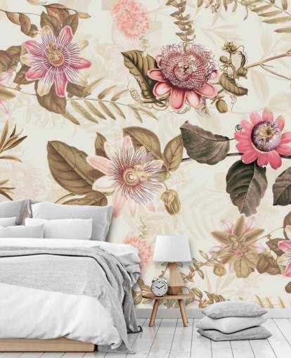 rosa blomster og grønne blader chinoiserie tapet