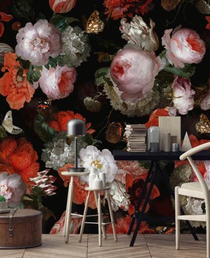 roze rozen en rode klaprozen behang