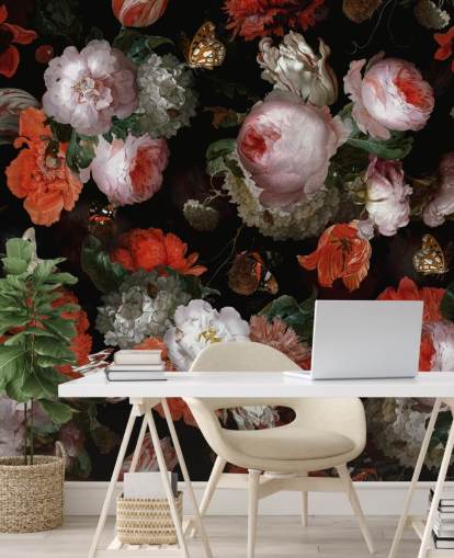 papier peint roses et coquelicots rouges