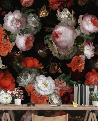 papier peint roses et coquelicots rouges