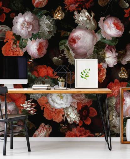 papier peint roses et coquelicots rouges