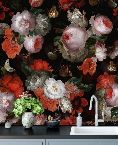 rosa Rosen und rote Mohnblumen Tapete