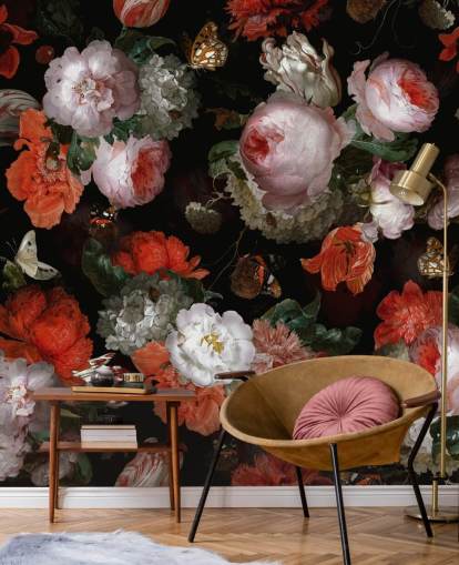 roze rozen en rode klaprozen behang