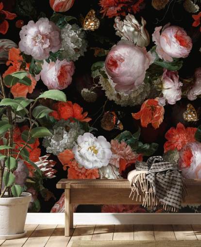 rosas cor de rosa e papoulas vermelhas papel de parede rosas cor de rosa e papoulas vermelhas papel de parede