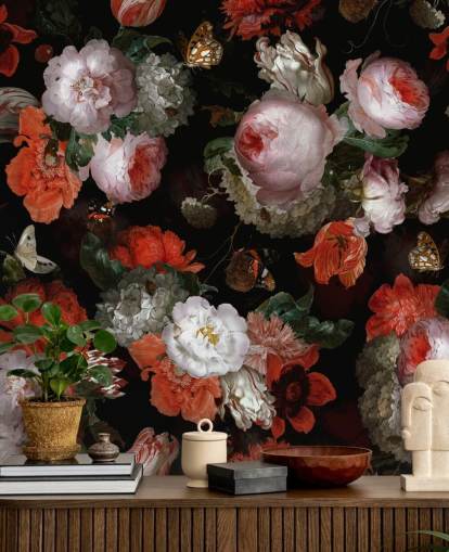 papel tapiz de rosas rosadas y amapolas rojas