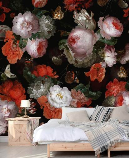 roze rozen en rode klaprozen behang