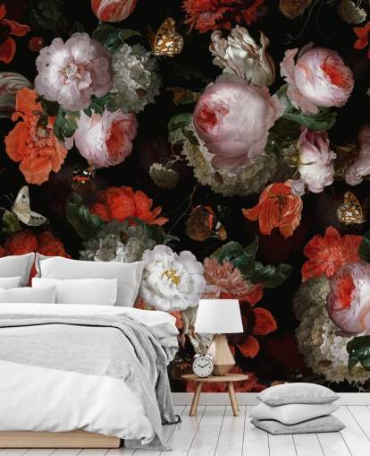 rosa Rosen und rote Mohnblumen Tapete