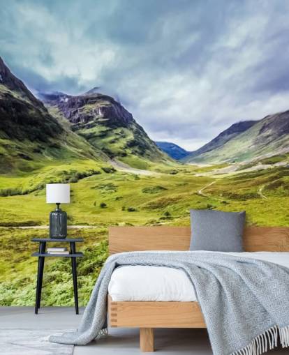 green and white customizable countryside wallpaper mural called Glencoe for bedrooms and living rooms