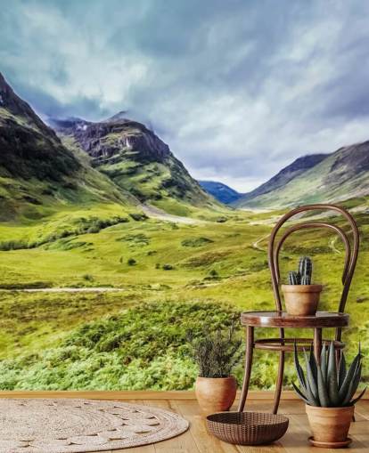 green and white customizable countryside wallpaper mural called Glencoe for bedrooms and living rooms