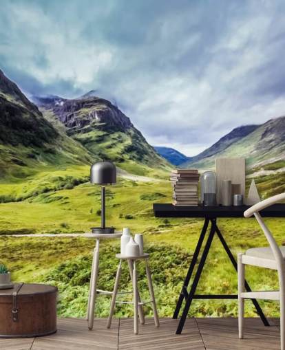 green and white customizable countryside wallpaper mural called Glencoe for bedrooms and living rooms