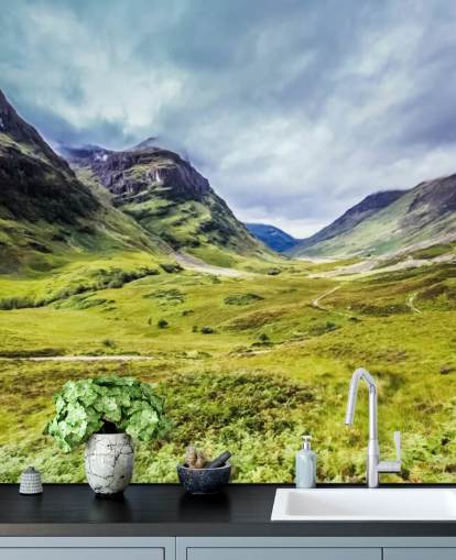 green and white customizable countryside wallpaper mural called Glencoe for bedrooms and living rooms green and white customizable countryside wallpaper mural called Glencoe for bedrooms and living rooms
