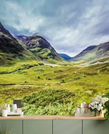 green and white customisable countryside wallpaper mural called Glencoe for bedrooms and living rooms