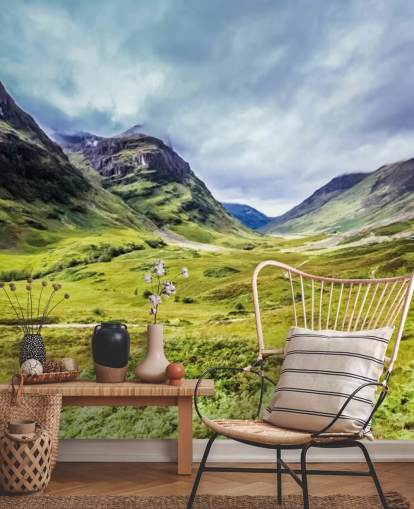 green and white customisable countryside wallpaper mural called Glencoe for bedrooms and living rooms
