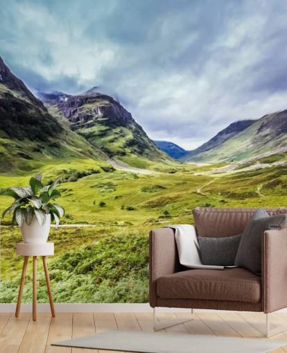 mural de papel de parede campestre personalizável verde e branco chamado Glencoe para quartos e salas de estar