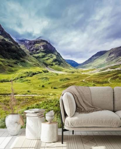 green and white customizable countryside wallpaper mural called Glencoe for bedrooms and living rooms